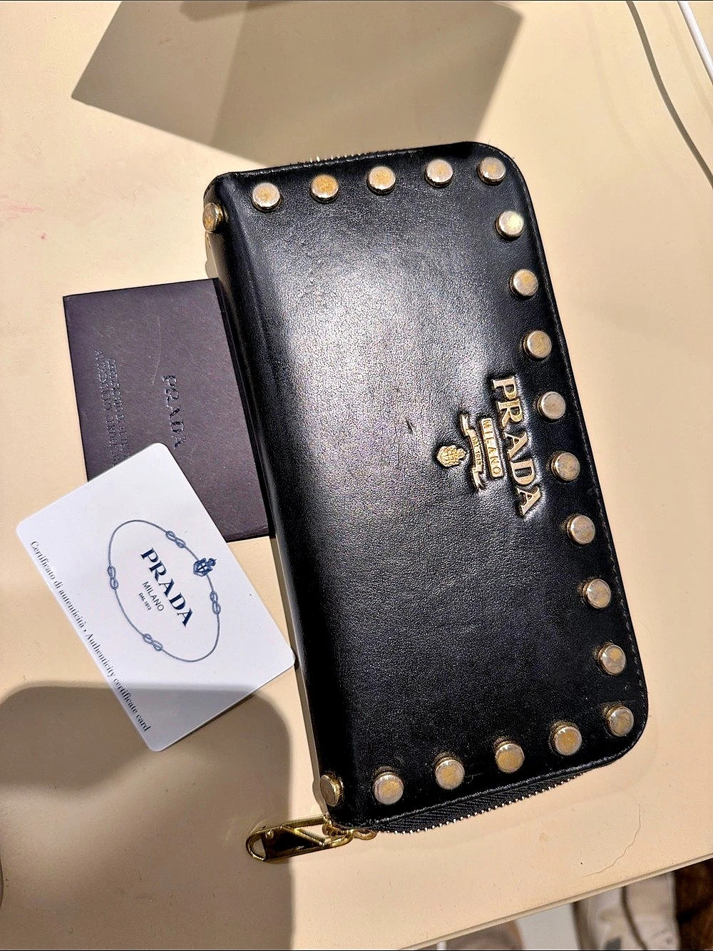 PRADA Studded Leather Zip Around Wallet Black